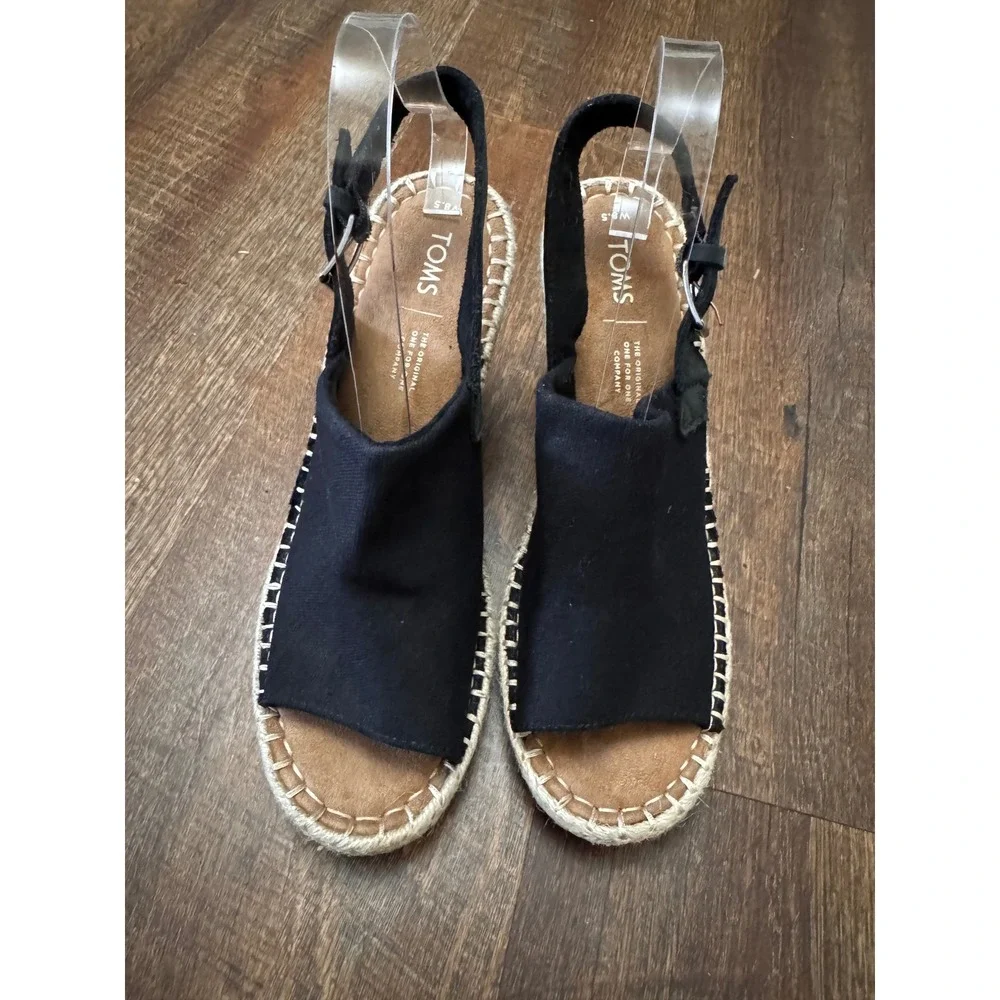 TOMS Women's 8.5 Black Espadrille Wedge Sandals Slingback Peep Toe